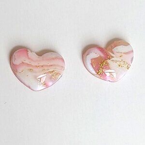 Boho Girly Dainty Mini Pink White Gold Agate Puffy Heart Studs Earrings
